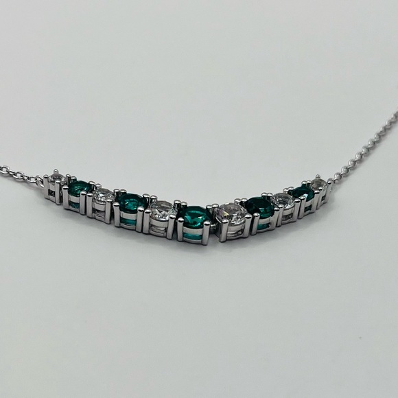 Lab Green Emerald and White Sapphire Bar Silver Necklace - Picture 4 of 8